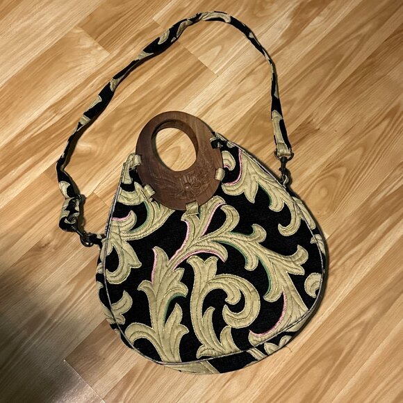 ZARA Crossbody Handbag Boho Wooden Handles Embroidered Fabric Black Tan Purses - Picture 4 of 14